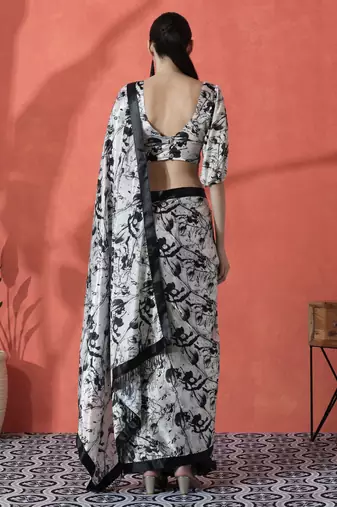 Off white ready to wear satin floral digital printed saree