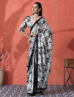 Off white ready to wear satin floral digital printed saree 3
