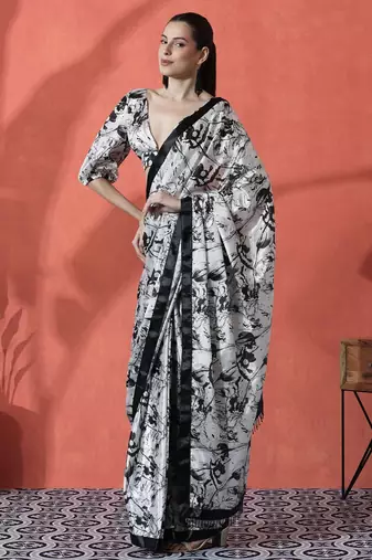 Off white ready to wear satin floral digital printed saree