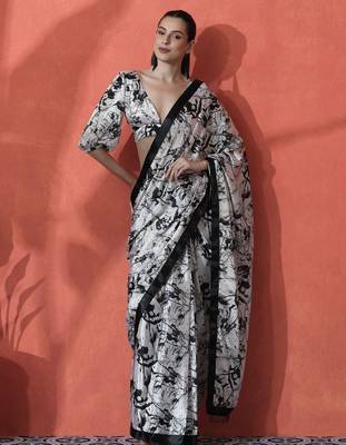 Off white ready to wear satin floral digital printed saree 4