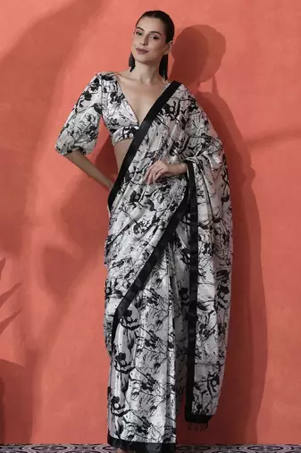 Off white ready to wear satin floral digital printed saree