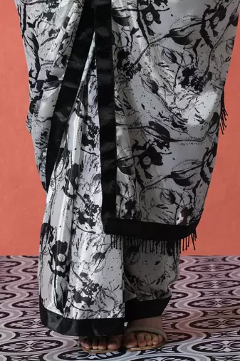 Off white ready to wear satin floral digital printed saree