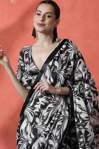 Black ready to wear satin floral digital printed saree