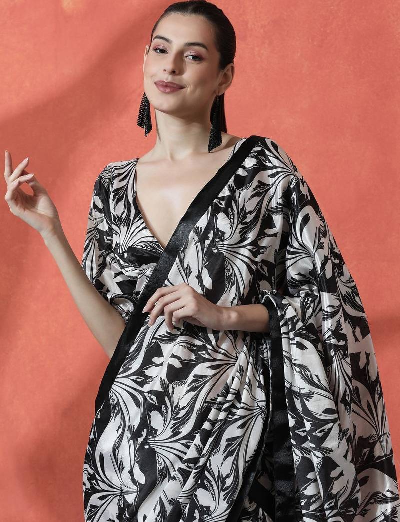 Black ready to wear satin floral digital printed saree