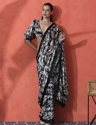 Black ready to wear satin floral digital printed saree 2