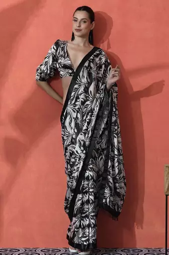 Black ready to wear satin floral digital printed saree