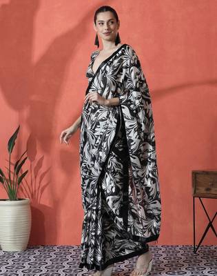 Black ready to wear satin floral digital printed saree 3