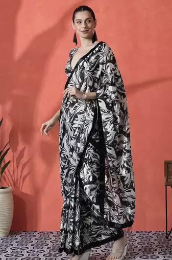 Black ready to wear satin floral digital printed saree