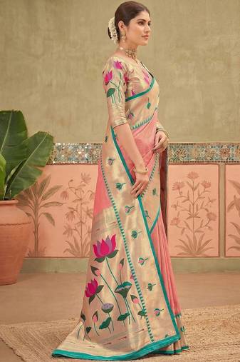 Pink women embroidered silk blend paithani saree