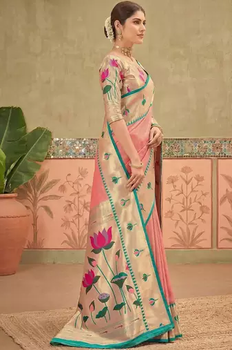 Pink women embroidered silk blend paithani saree
