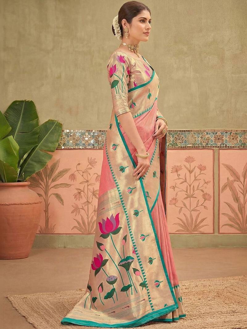 Pink women embroidered silk blend paithani saree