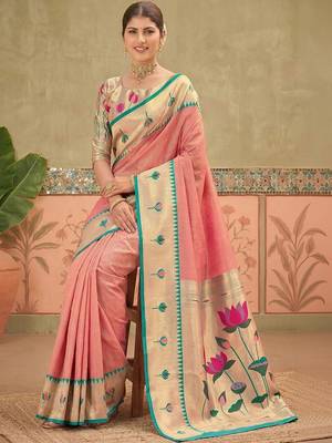 Pink women embroidered silk blend paithani saree 2