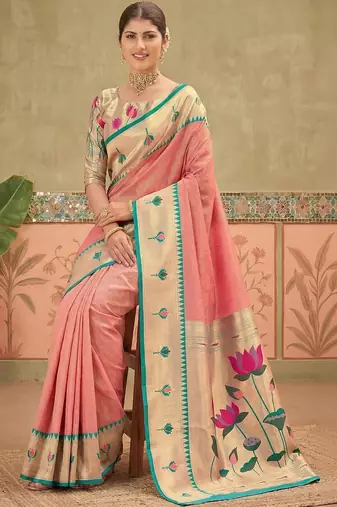 Pink women embroidered silk blend paithani saree