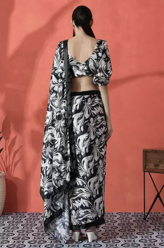 Black ready to wear satin floral digital printed saree