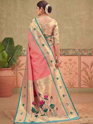 Pink women embroidered silk blend paithani saree 3