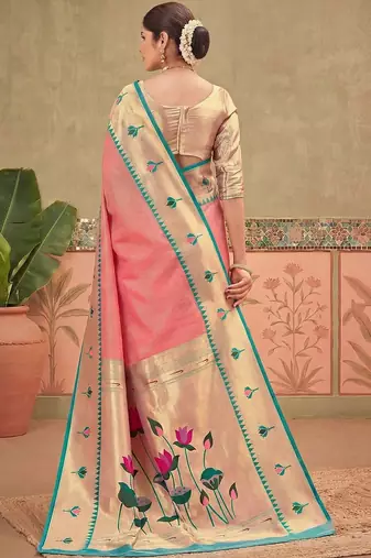 Pink women embroidered silk blend paithani saree