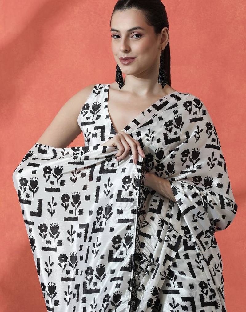 Off white women ready to wear satin saree