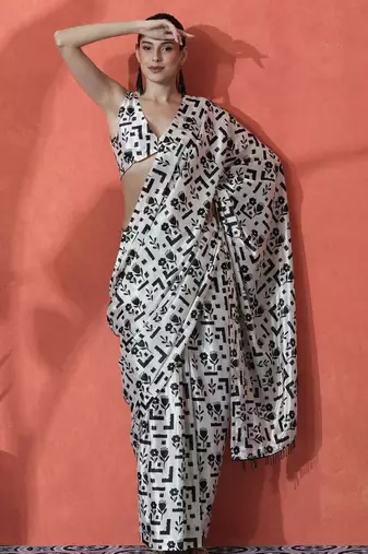 Off white women ready to wear satin saree
