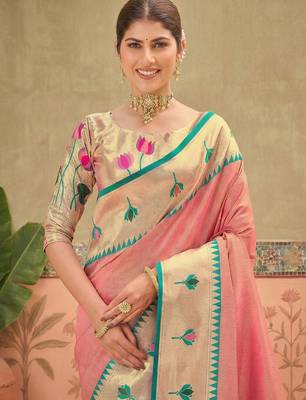 Pink women embroidered silk blend paithani saree 4