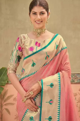 Pink women embroidered silk blend paithani saree