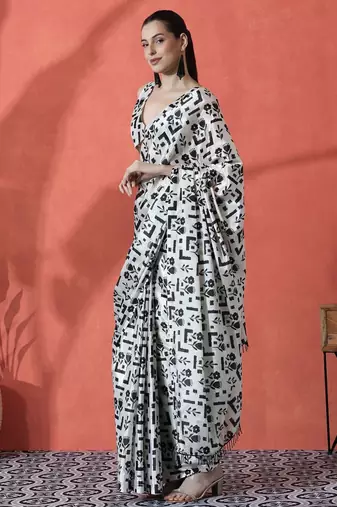 Off white women ready to wear satin saree