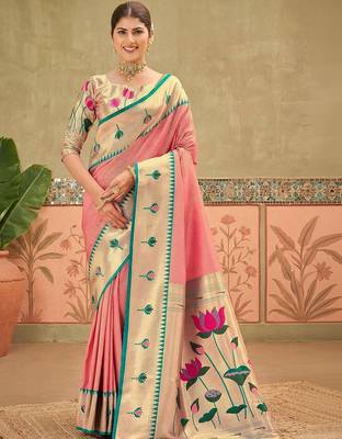 Pink women embroidered silk blend paithani saree 5