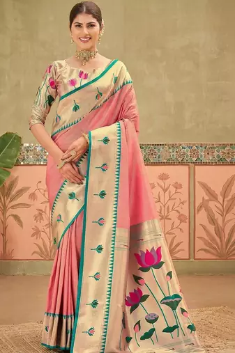 Pink women embroidered silk blend paithani saree