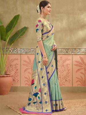 Sea green embroidered silk blend handloom paithani saree 1