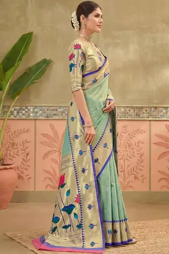 Sea green embroidered silk blend handloom paithani saree