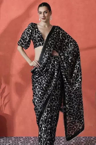 Black ready to wear floral digital printed saree