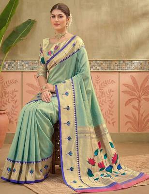 Sea green embroidered silk blend handloom paithani saree 2