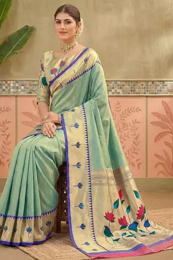 Sea green embroidered silk blend handloom paithani saree