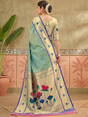 Sea green embroidered silk blend handloom paithani saree 3
