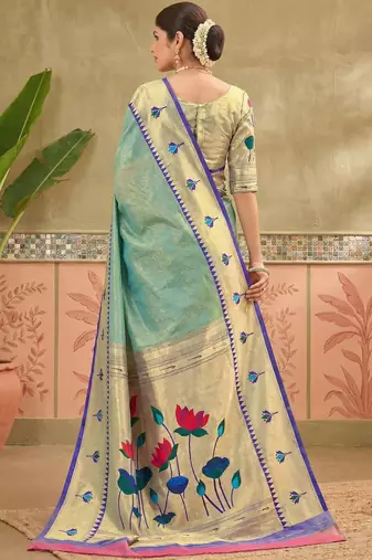 Sea green embroidered silk blend handloom paithani saree