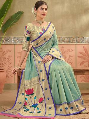 Sea green embroidered silk blend handloom paithani saree 4