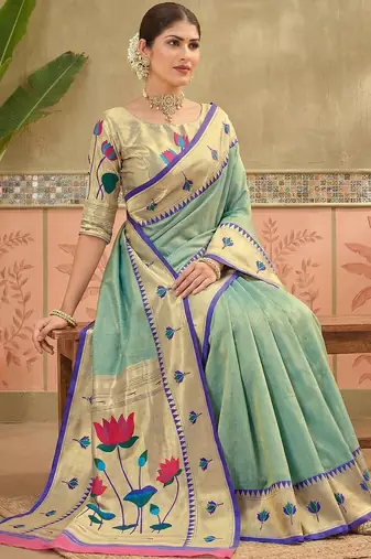 Sea green embroidered silk blend handloom paithani saree