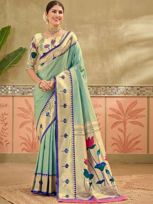 Sea green embroidered silk blend handloom paithani saree 5