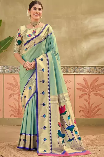 Sea green embroidered silk blend handloom paithani saree