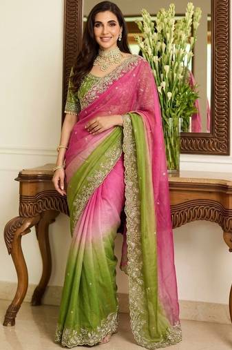 Pink embroidered banarasi sarees with unstitched blouse piece
