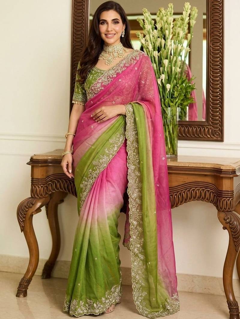 Pink embroidered banarasi sarees with unstitched blouse piece
