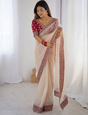White embellished border sequinned  chiffon saree 1