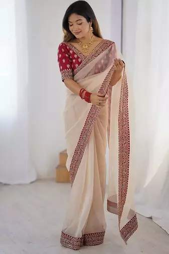 White embellished border sequinned  chiffon saree