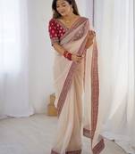 White embellished border sequinned  chiffon saree