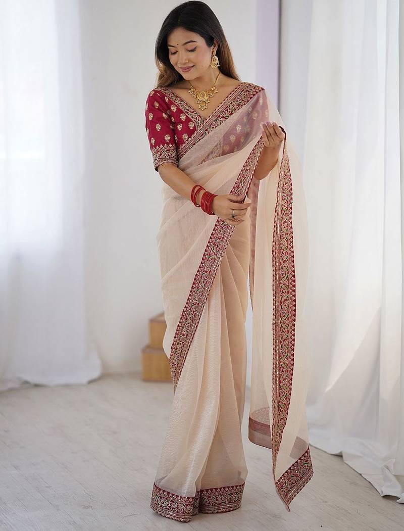 White embellished border sequinned  chiffon saree