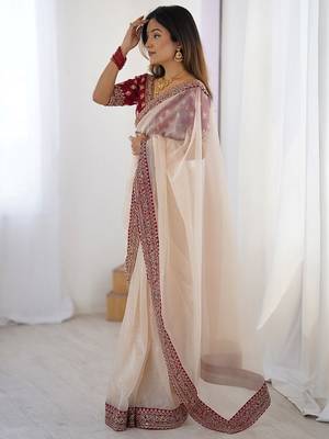 White embellished border sequinned  chiffon saree 2