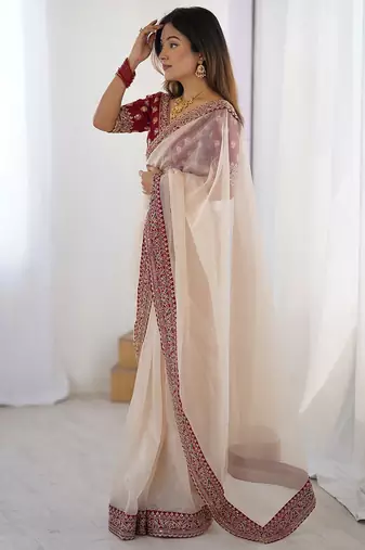 White embellished border sequinned  chiffon saree