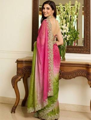 Pink embroidered banarasi sarees with unstitched blouse piece 2