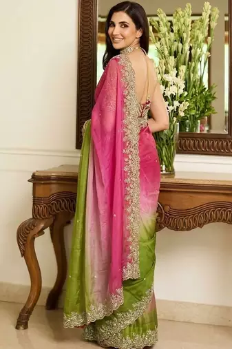Pink embroidered banarasi sarees with unstitched blouse piece