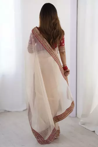 White embellished border sequinned  chiffon saree