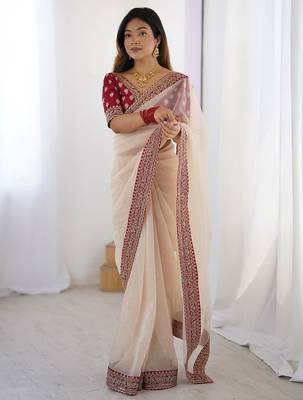 White embellished border sequinned  chiffon saree 4